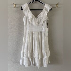 NWT Calvin Klein Ruffle V-Neck Tiered Mini Dress White Size 8 Petite Gauzy